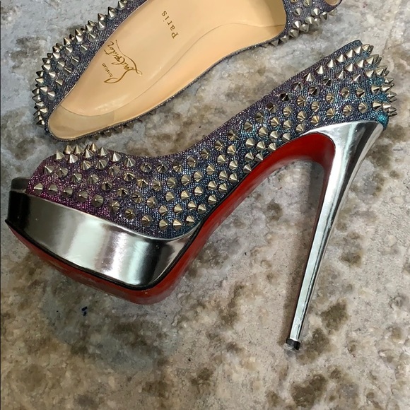 Christian Louboutin Lady Peep Spike Silver SZ 38.5 - Picture 3 of 8